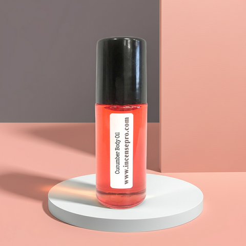 Cucumber body oil bottle for nourishing dry skin, smoothing rough areas, and daily moisturizing.