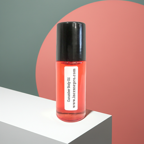 Cucumber body oil bottle for refreshing the skin, locking in moisture, and post-shower use.