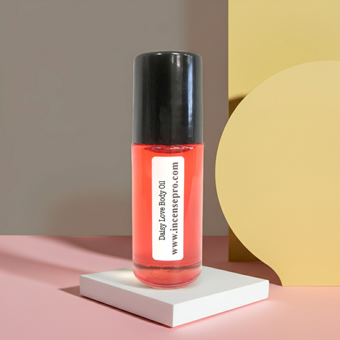 Daisy Love scented body oil bottle for nourishing skin, adding light fragrance, and post-shower body care.