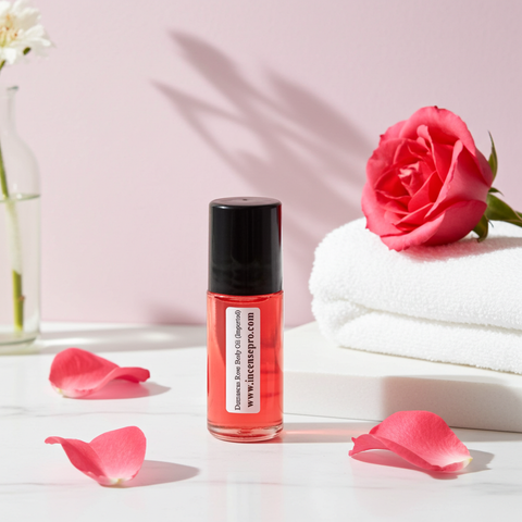 Damascus Rose Body Oil bottle for body moisturizing, smoothing rough skin, and post-shower skincare.