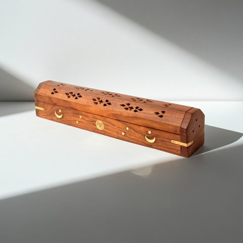 Dark wooden coffin incense burner with gothic aesthetic