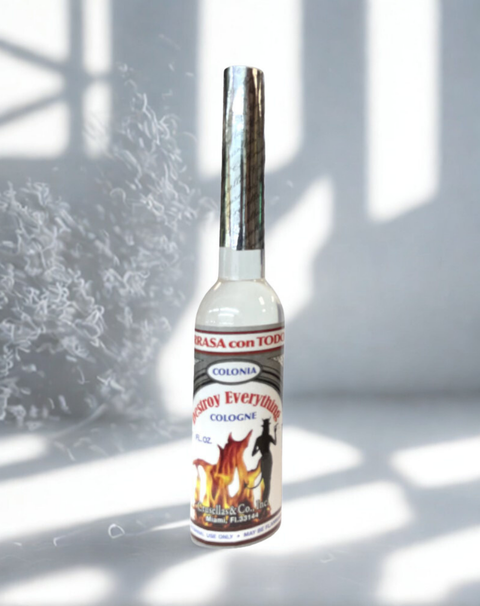 Bottle of Destroy Everything Cologne displayed for product listing and fragrance presentation.