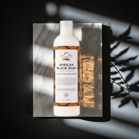 Detoxifying body lotion made with African Black Soap for balanced skin care.