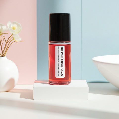 Emerald Ferdaus imported body oil bottle for softening dry skin, nourishing the body, and everyday skincare use.