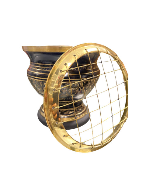 Engraved brass incense burner with ornate traditional patterns and mesh screen
