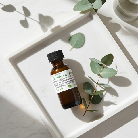 Eucalyptus Essential Oil in a glass bottle for aromatherapy and natural wellness