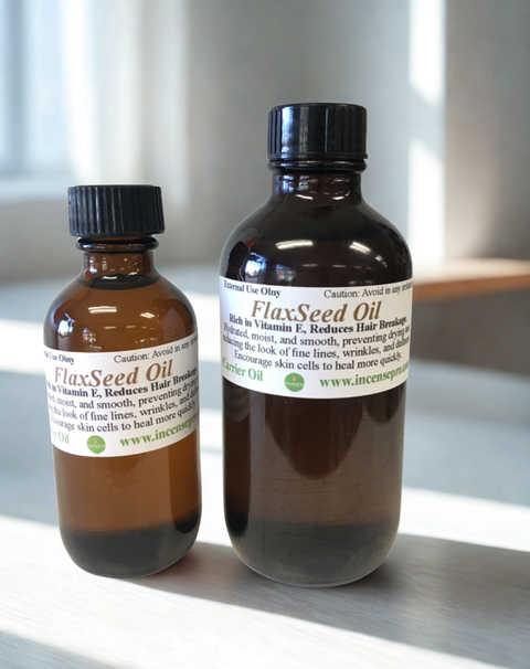 Flax Seed Carrier Oil bottle for massage, skin moisturizing, and everyday hair and body care use.