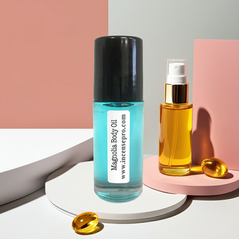 Magnolia Body Oil bottle for softening skin, adding lasting moisture, and fragrant body care use.