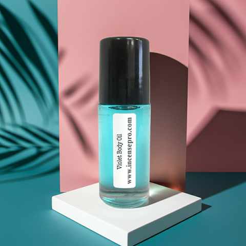 Floral violet body oil bottle for nourishing skin, enhancing softness, and daily self-care routines.