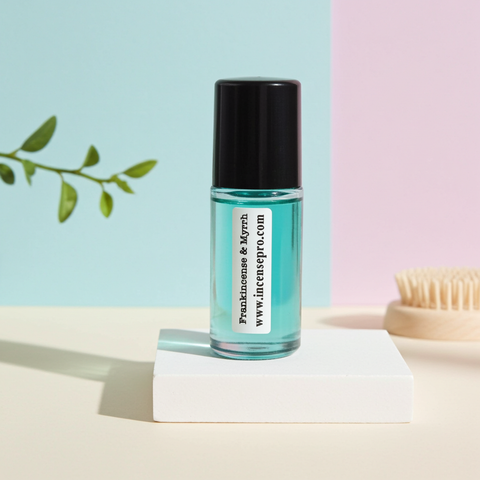 Frankincense & Myrrh body oil bottle for moisturizing skin, daily body care, and unisex fragrance wear.