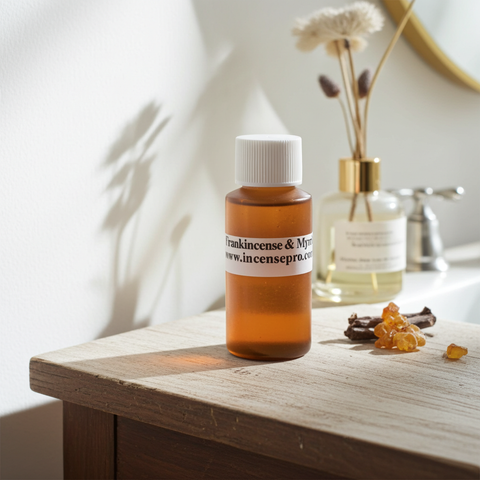 Sacred Frankincense & Myrrh Burning Oil with warm earthy and spiritual fragrance notes