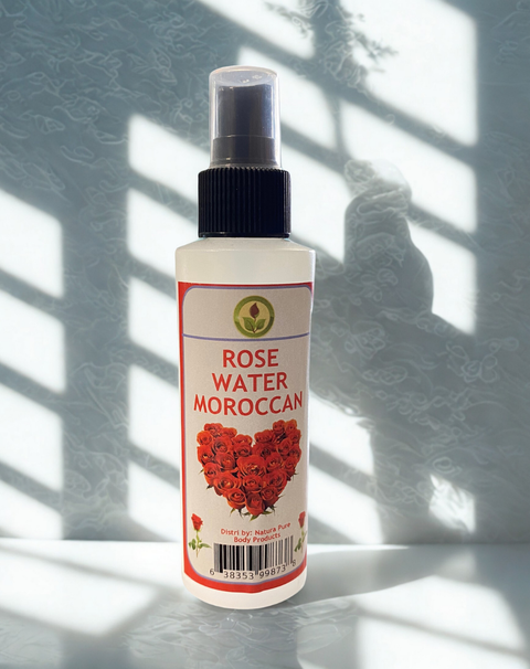 Natural rose water bottle shown for personal care, beauty, and refreshing application.