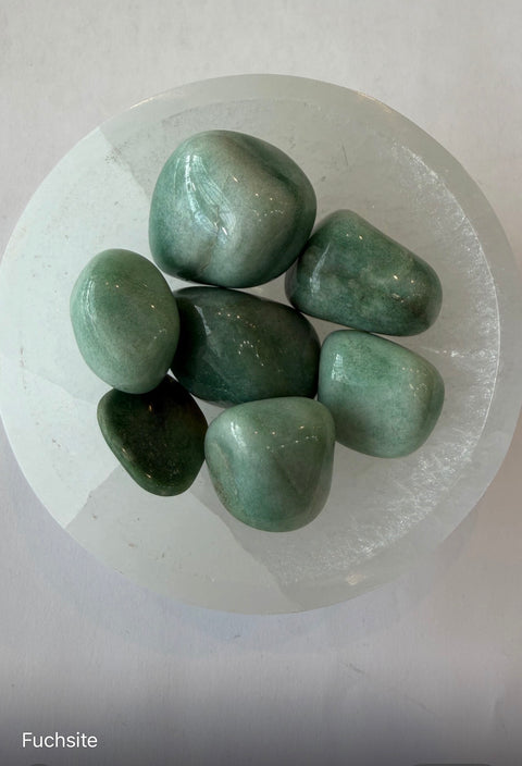 Fuchsite Tumbled Stones group — sparkling green mica crystal for Heart Chakra, resilience, and wellbeing.