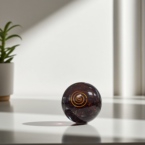 Garnet Orgonite Crystal Ball healing sphere for energy balancing, meditation, and spiritual décor use.