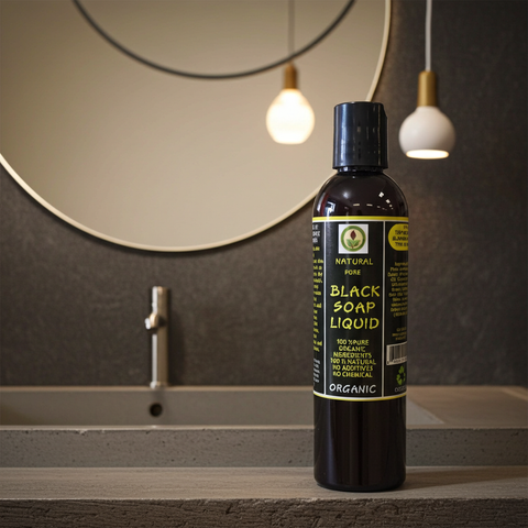 Gentle organic black soap liquid used as a body and hair wash