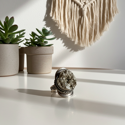 Raw Pyrite Crystal Ring in German silver ring setting for statement wear, crystal collection styling, and daily fashion use.