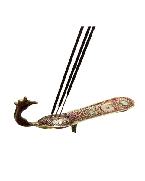 Golden Peacock incense burner with opulent golden peacock tail sculpture for sticks and cones