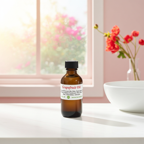 Bottle of grapefruit carrier oil placed beside fresh grapefruit slices.