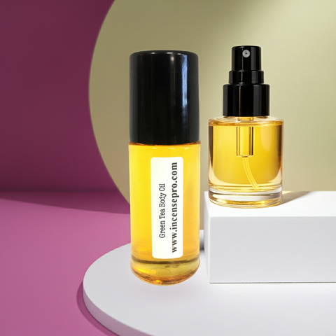 Green Tea Body Oil bottle for dry skin care, body moisturizing, and smooth skin maintenance.