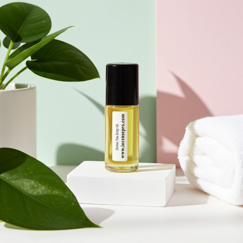 Green Tea Body Oil bottle for moisturizing skin, softening dry areas, and daily body care.