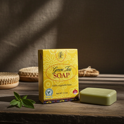 Green tea soap bar for daily cleansing, refreshing skincare, and gentle bathing use.
