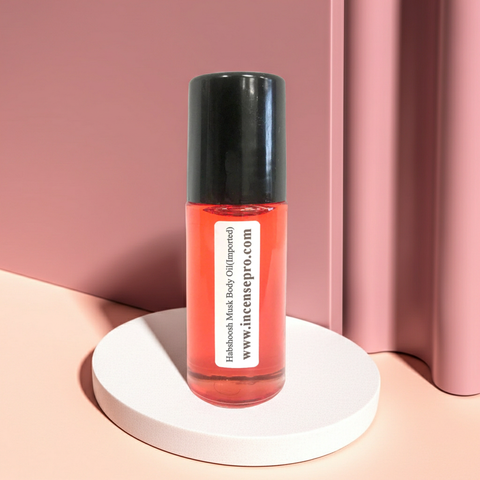 Habshoosh imported musk body oil bottle for hydrating skin, adding a musky scent, and after-bath body care.