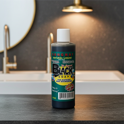 Halal black soap body wash by Songhai designed for natural and effective body cleansing.