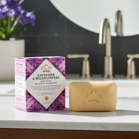 Handmade lavender soap bar for gentle skin cleansing, bathing, and daily self-care.