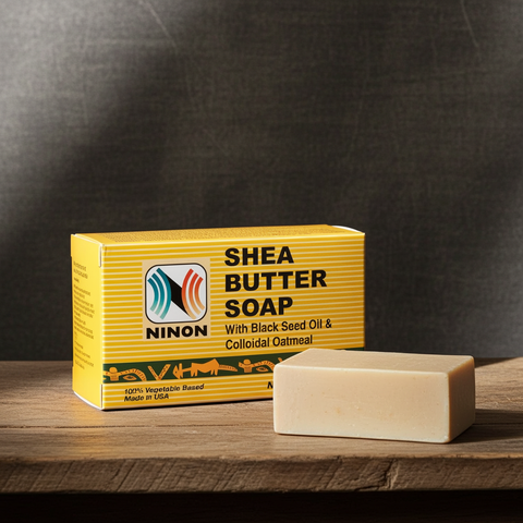 Handmade shea butter soap with black seed oil displayed as a moisturizing skincare bar.