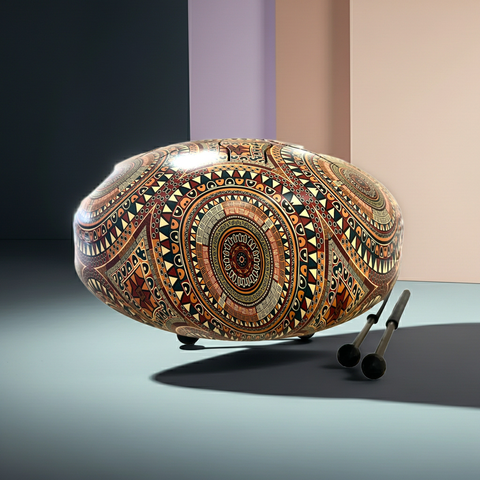 Handpan-style tank drum shown with matching drumsticks for melodic percussion playing.