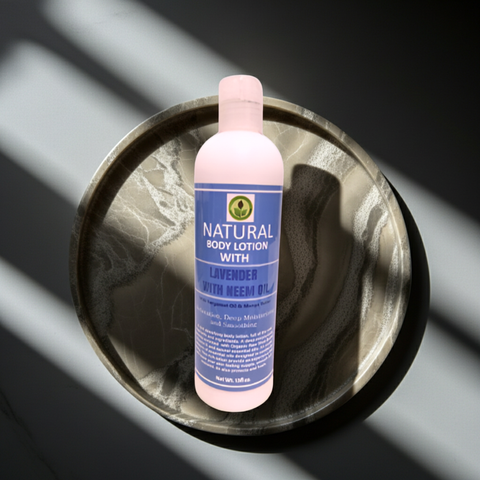 Herbal lavender lotion with neem oil in a moisturizing skin care formula.