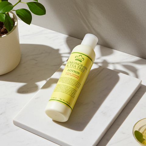 Herbal lemongrass and tea tree lotion for soft, smooth, and nourished skin.