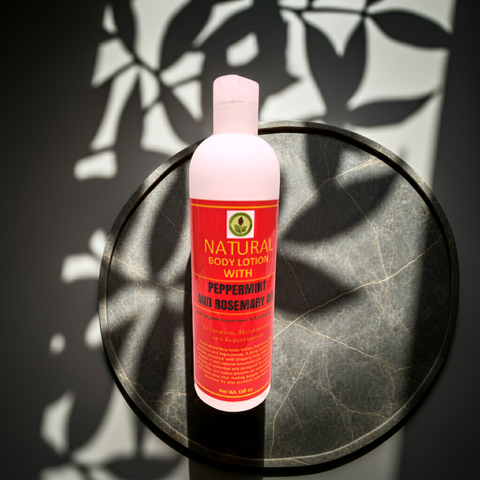 Herbal moisturizing lotion made with peppermint and rosemary oils for smooth skin care.