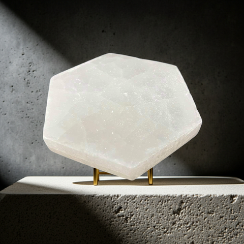 Hexa Big White Selenite crystal tower for energy cleansing, meditation, and spiritual decor use.