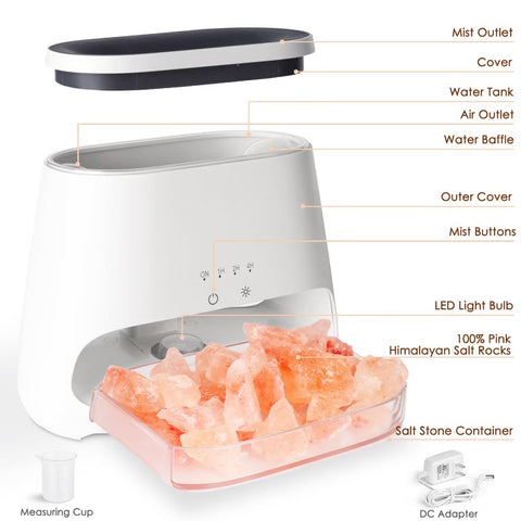 Himalayan Salt Lamp with Diffuser showing built-in essential oil compartment and lamp parts for wellness use.