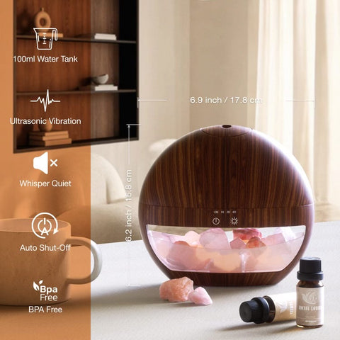 Himalayan Salt Lamp with Diffuser Oval dimensions and natural crystal detail for bedroom and wellness space decor.