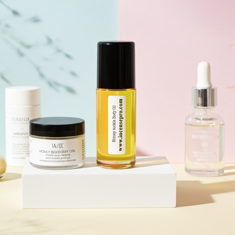 Honey Suckle Body Oil bottle for nourishing skin, improving softness, and after-shower body care.