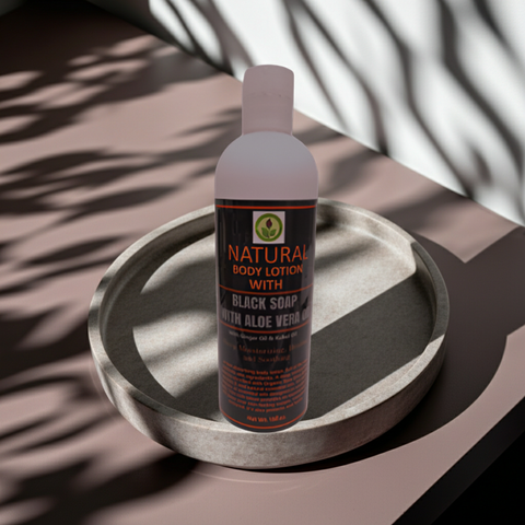Hydrating black soap lotion with aloe extract displayed for personal care.