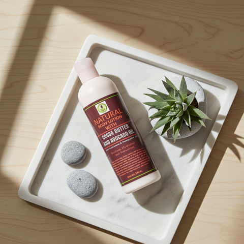 Hydrating body lotion blended with cocoa butter and avocado oil for daily skin care.