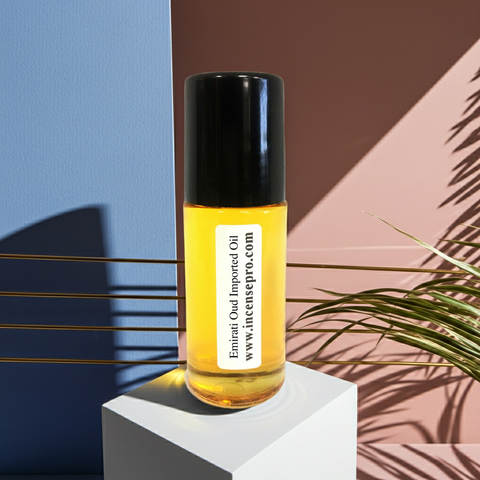 Imported Emirati Oud Oil bottle for applying rich oud fragrance on skin, clothing, and pulse points.