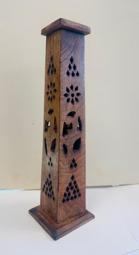 Wooden incense tower burner holder for holding incense sticks for prayer, aromatherapy, and calming room use.