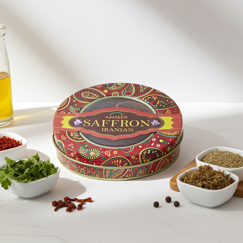 Ameen Saffron tin with saffron and spices on a white surface