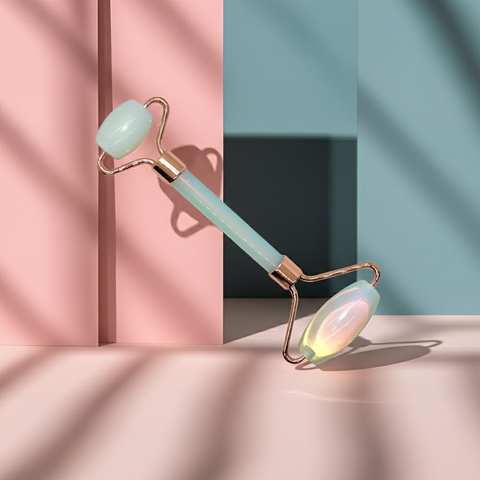 Jade face roller designed for soothing facial massage.