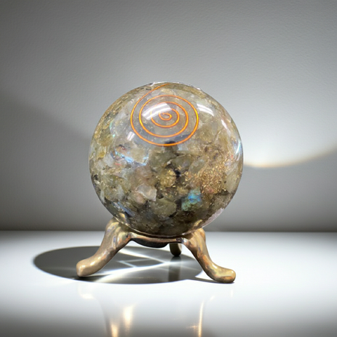 Labradorite crystal ball orgonite sphere for spiritual healing, mindfulness practice, and home energy balancing.
