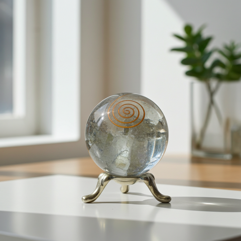 Labradorite orgonite sphere crystal ball for chakra work, meditation, and energy cleansing.