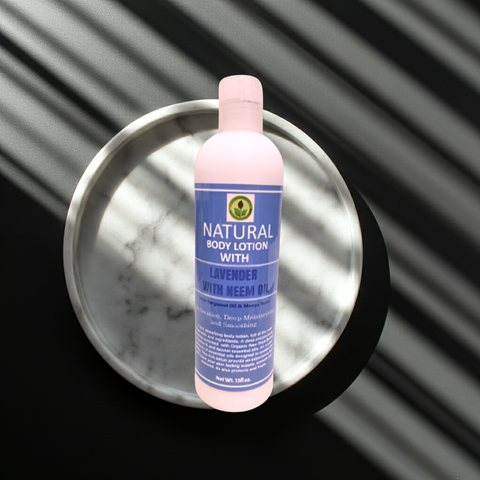 Lavender body lotion infused with neem oil for soothing daily skin care.