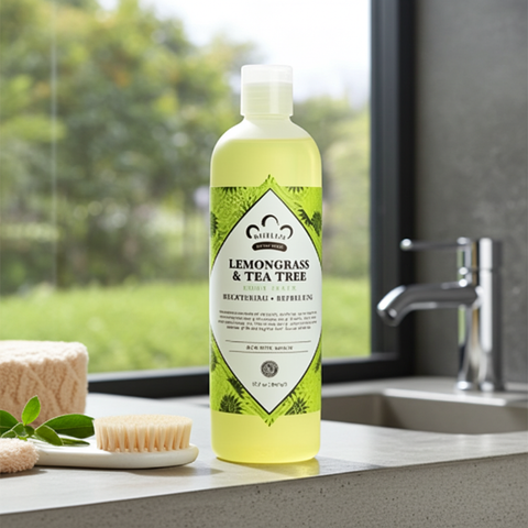Lemongrass Tea Tree cleansing body wash for bathing, washing away impurities, and everyday skincare use.