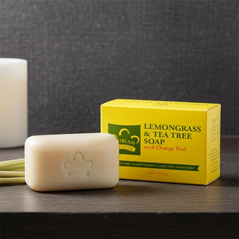 Herbal soap block featuring lemongrass and tea tree botanical elements.