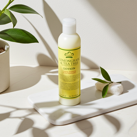 Packaged lemongrass and tea tree moisturizing lotion for everyday skin care use.