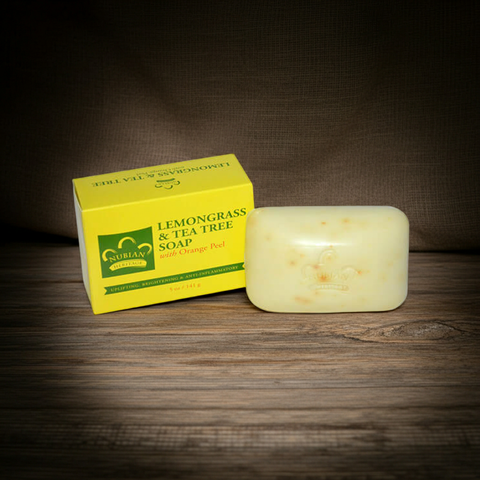 Handmade lemongrass and tea tree soap bar with a fresh herbal appearance.